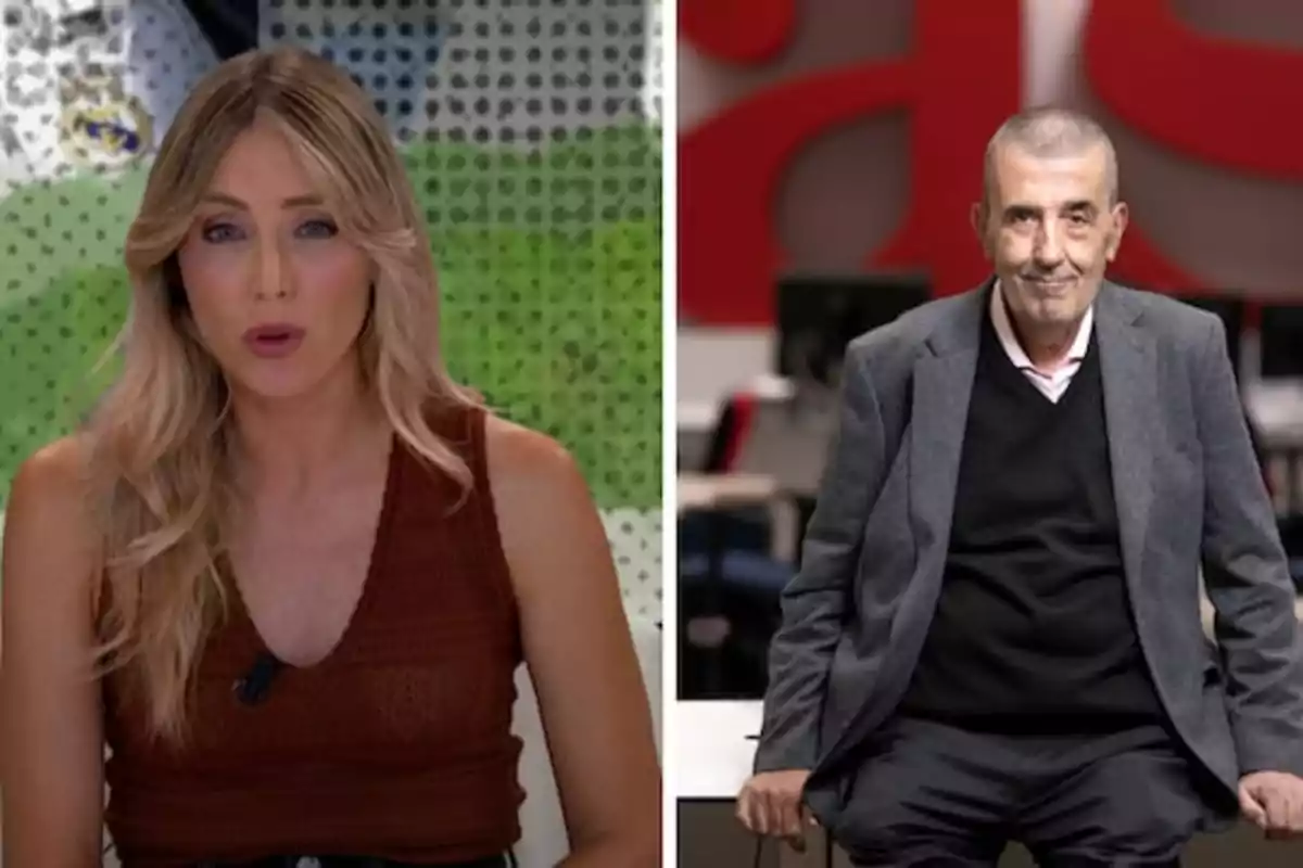 A blonde woman in a brown blouse appears on the left in front of a green background, and a man with short gray hair wearing a gray jacket and black sweater is seated on the right in an office with a red background.