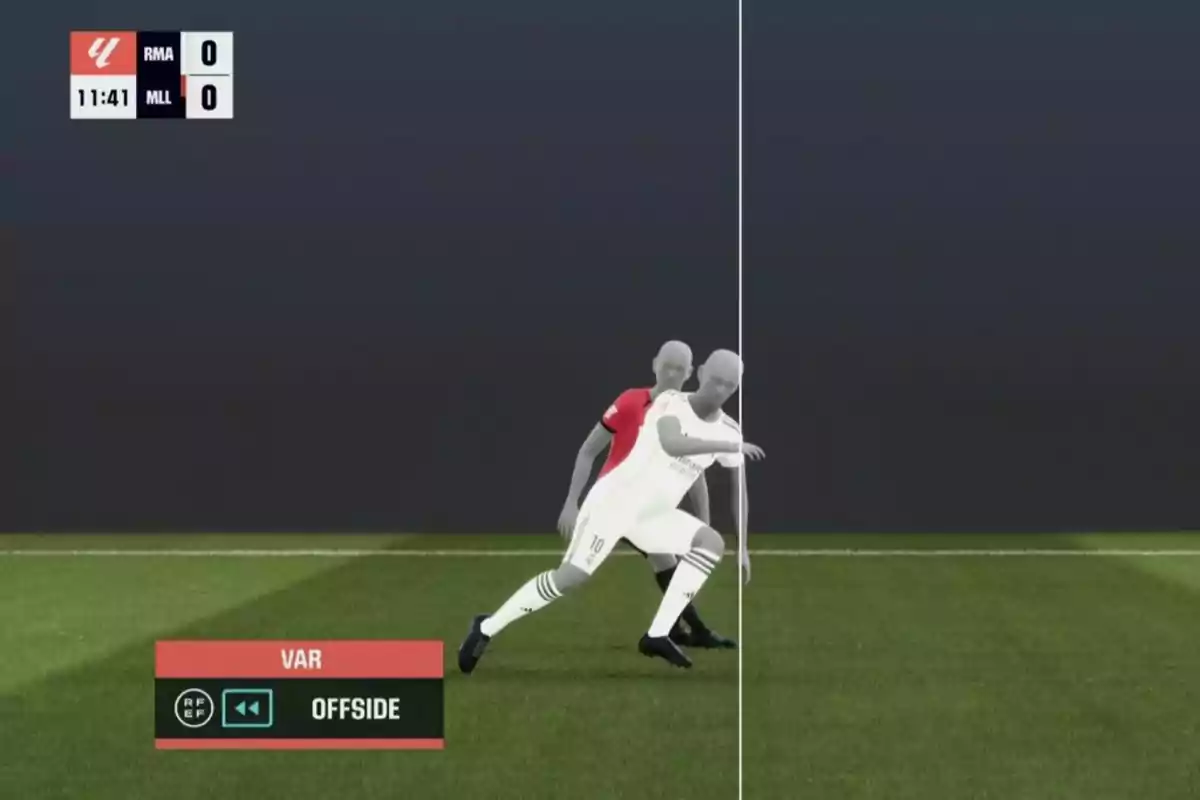 Two players in a VAR simulation where an offside is indicated with a vertical white line and the scoreboard shows a zero-zero tie between RMA and MLL Two players in a VAR simulation where an offside is indicated with a vertical white line and the scoreboard shows a zero-zero tie between RMA and MLL