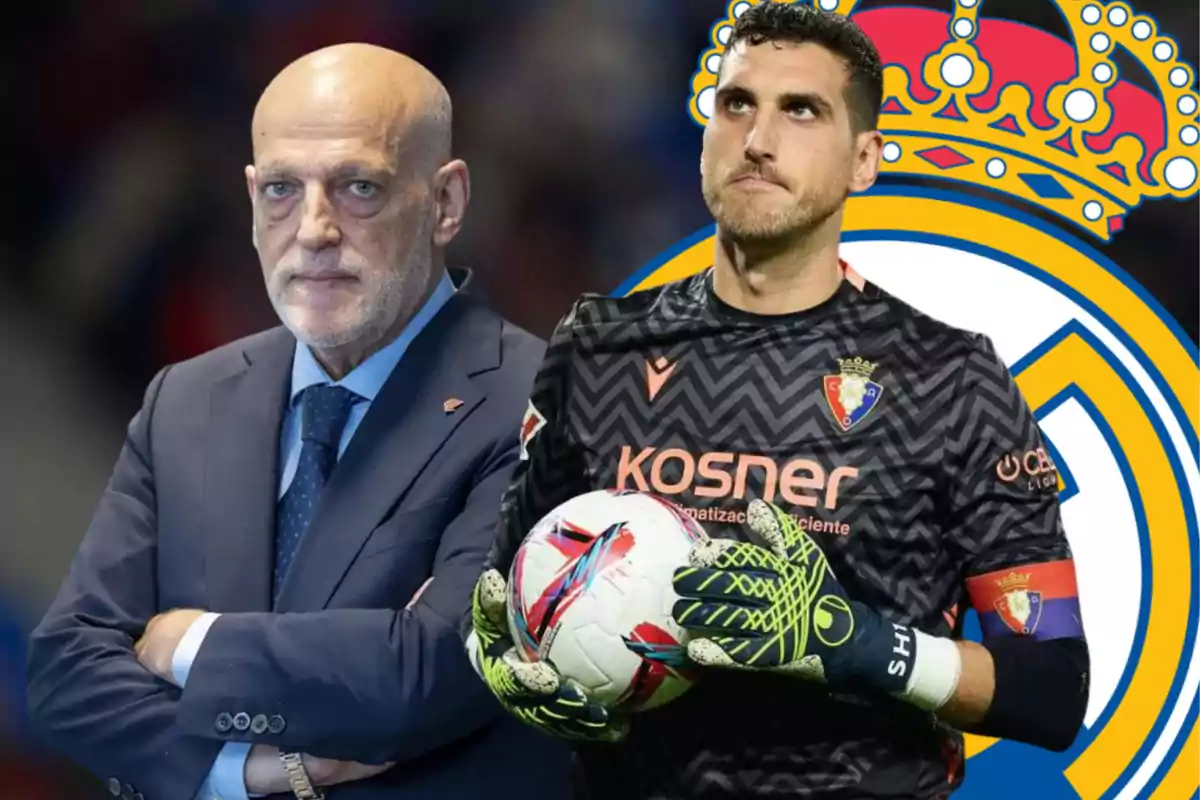 Dos hombres aparecen en primer plano, uno con traje y el otro con uniforme de portero de fútbol sosteniendo un balón, al fondo se distingue el escudo del Real Madrid.