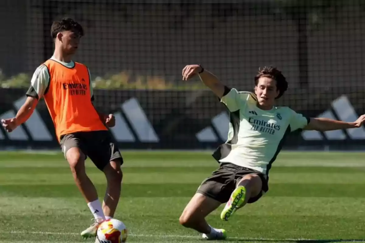 Two players are training on a grass field; one is trying to take the ball from the other, who is wearing an orange bib. Two players are training on a grass field; one is trying to take the ball from the other, who is wearing an orange bib.