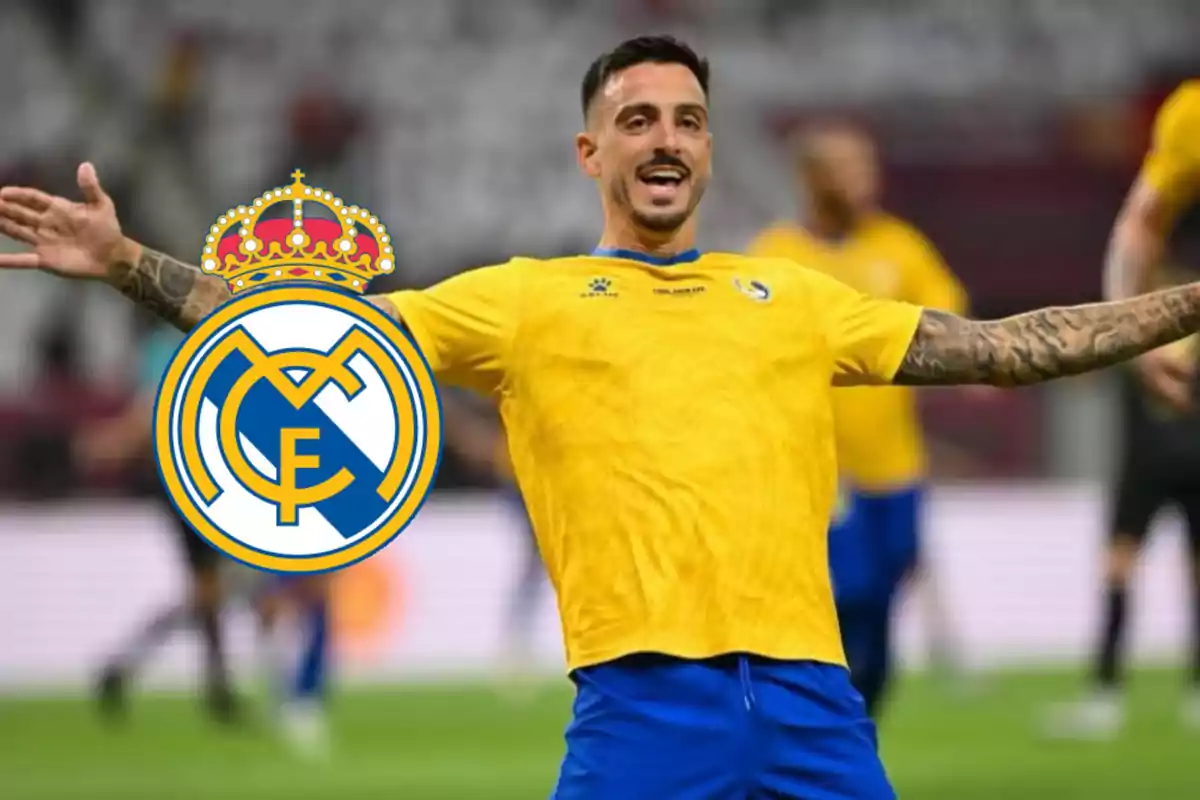 Soccer player celebrating with arms outstretched, wearing a yellow and blue uniform with the Real Madrid crest superimposed in the foreground