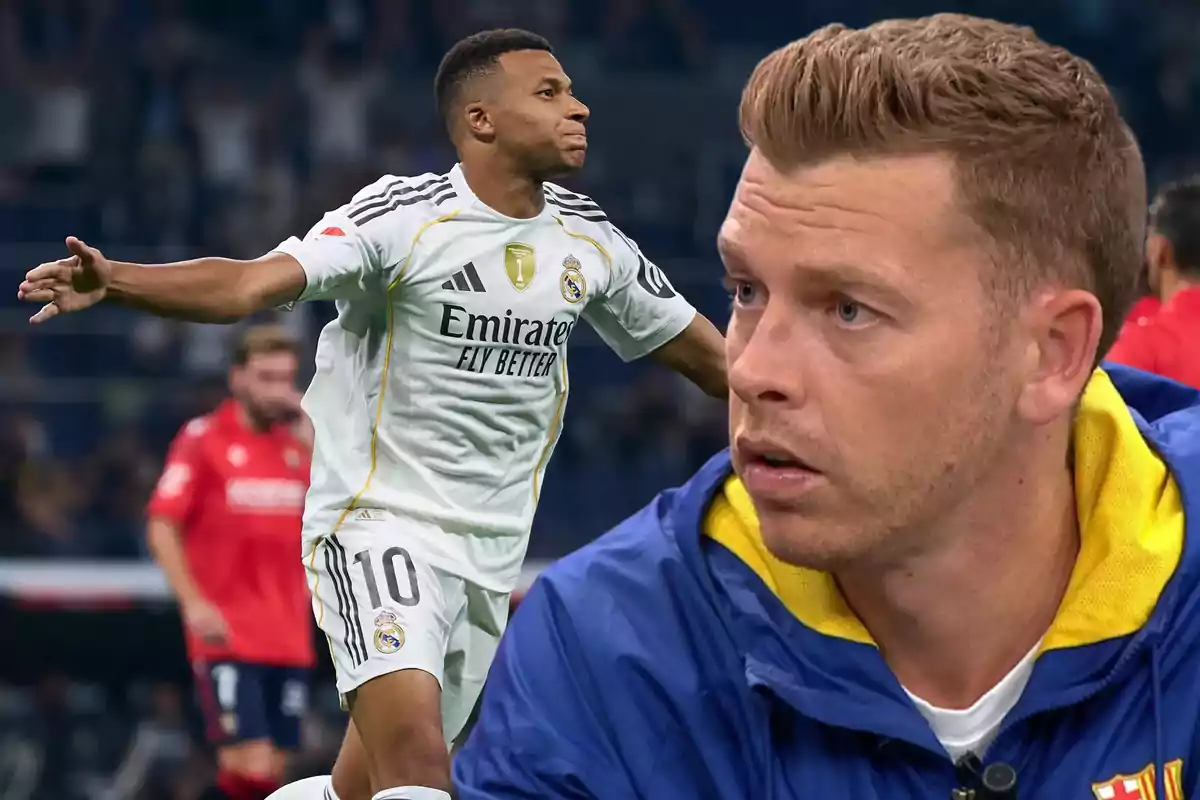 Un futbolista del Real Madrid celebra un gol mientras en primer plano aparece un hombre con chaqueta azul y amarilla observando con expresión seria.