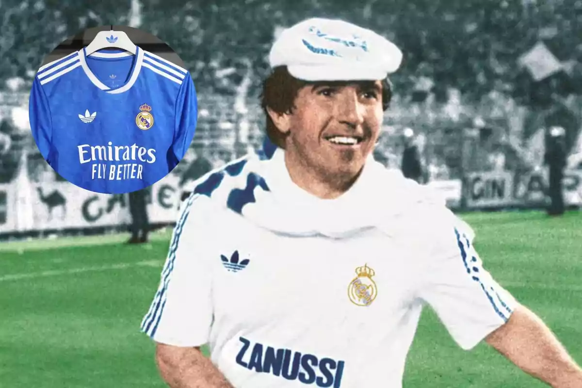 Un futbolista del Real Madrid con uniforme retro celebra en el campo mientras en la esquina superior izquierda aparece una camiseta azul moderna del equipo en un círculo.