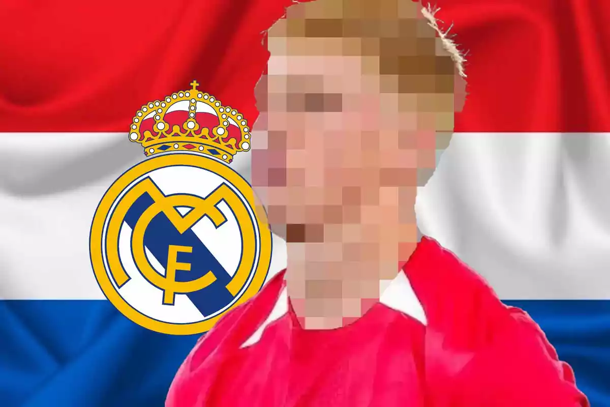 Futbolista con el rostro pixelado frente a una bandera de Países Bajos y el escudo del Real Madrid