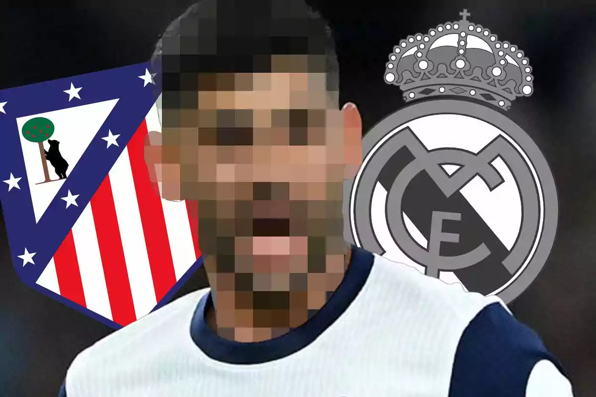 Jugador de fútbol con el rostro pixelado frente a los escudos del Atlético de Madrid y Real Madrid