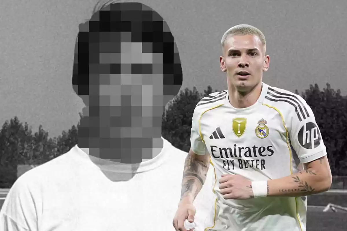 Real Madrid player in the foreground with a black and white background of a pixelated person