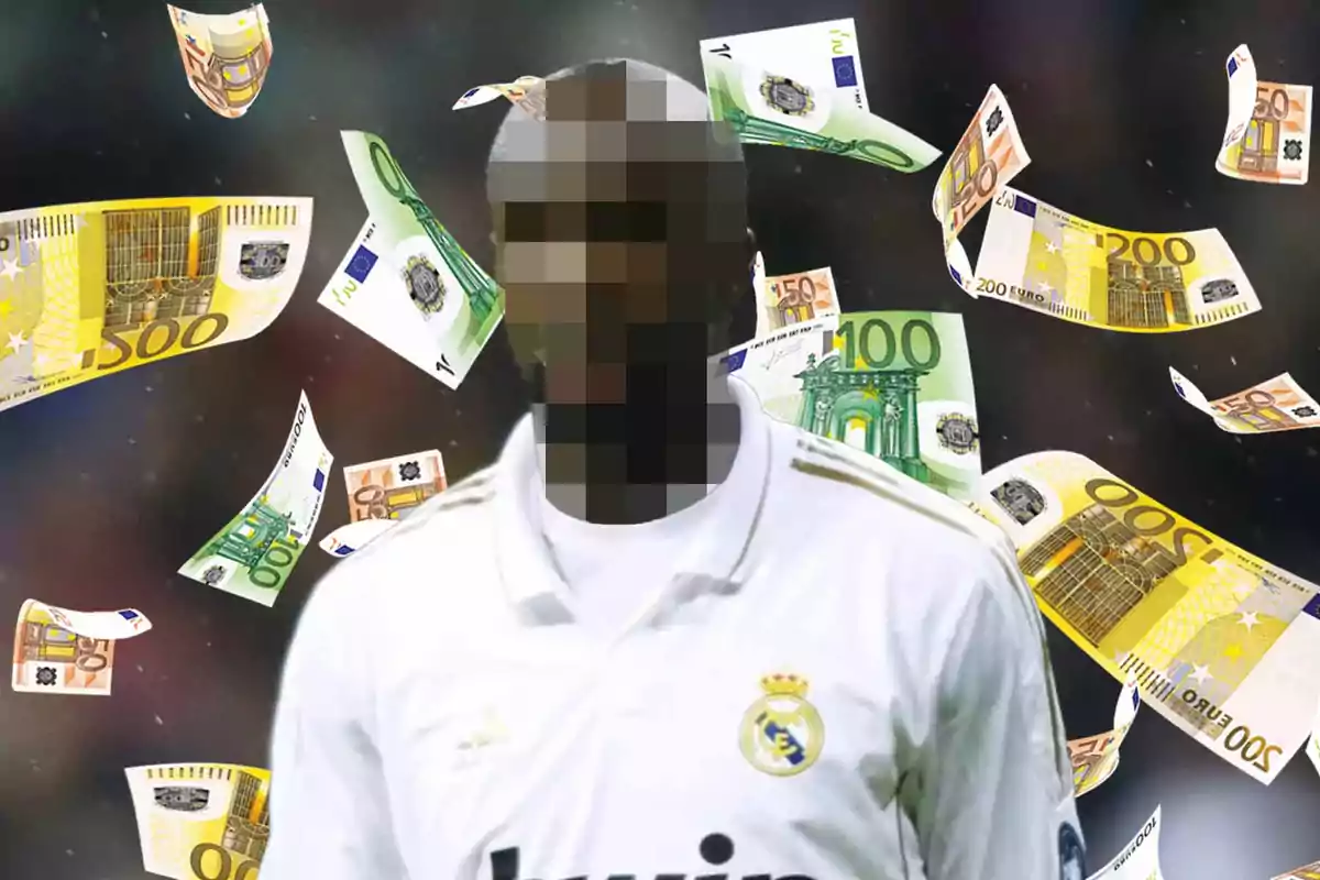 Un futbolista con el rostro pixelado lleva una camiseta del Real Madrid mientras billetes de euro flotan a su alrededor.