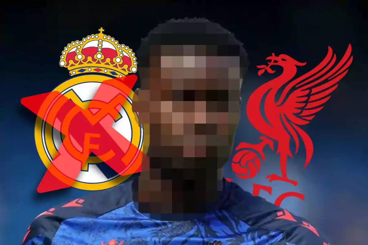 Player with a pixelated face in the center, Real Madrid crest crossed out on the left, and Liverpool crest on the right.