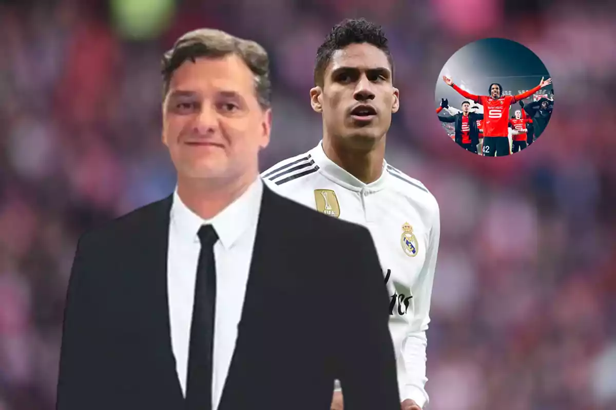 Un hombre con traje y corbata está al frente, detrás de él hay un futbolista con uniforme del Real Madrid y en la esquina superior derecha aparece una imagen circular de jugadores celebrando en un estadio.
