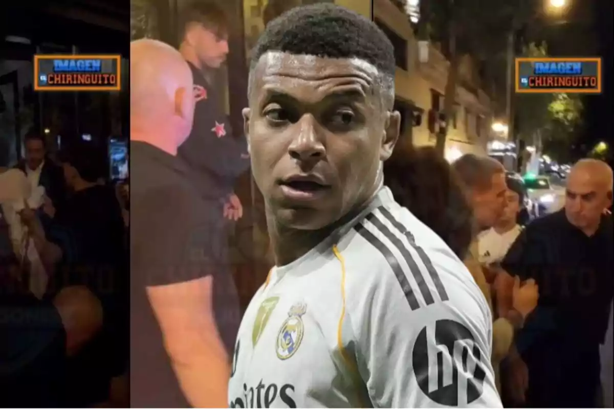 Un futbolista con el uniforme del Real Madrid aparece en primer plano mientras al fondo se observan escenas nocturnas de personas reunidas en la calle y en un local, con el logo de un programa deportivo en la esquina.