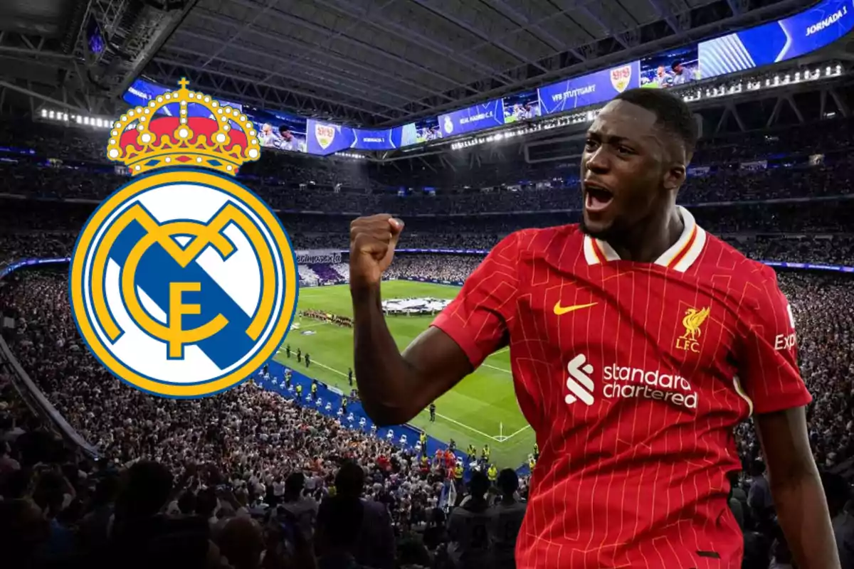 Soccer player in a Liverpool uniform celebrating in a packed stadium with the Real Madrid crest on the side