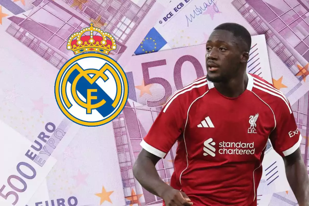 Futbolista del Liverpool con fondo de billetes de 500 euros y el escudo del Real Madrid