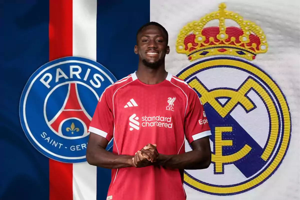 A player wearing a Liverpool jersey smiles in front of the Paris Saint-Germain and Real Madrid crests.