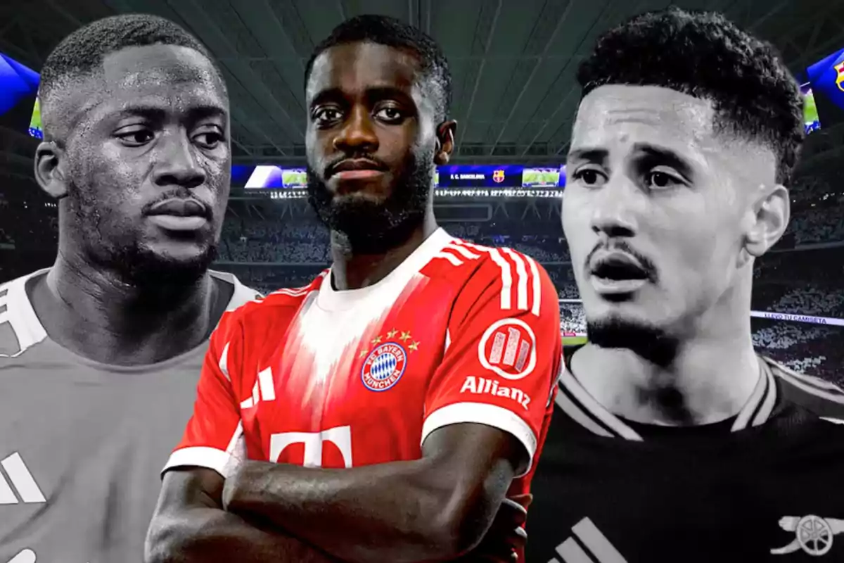 Tres futbolistas aparecen en primer plano en un estadio, el jugador del centro lleva el uniforme del Bayern Múnich y los otros dos están en blanco y negro.
