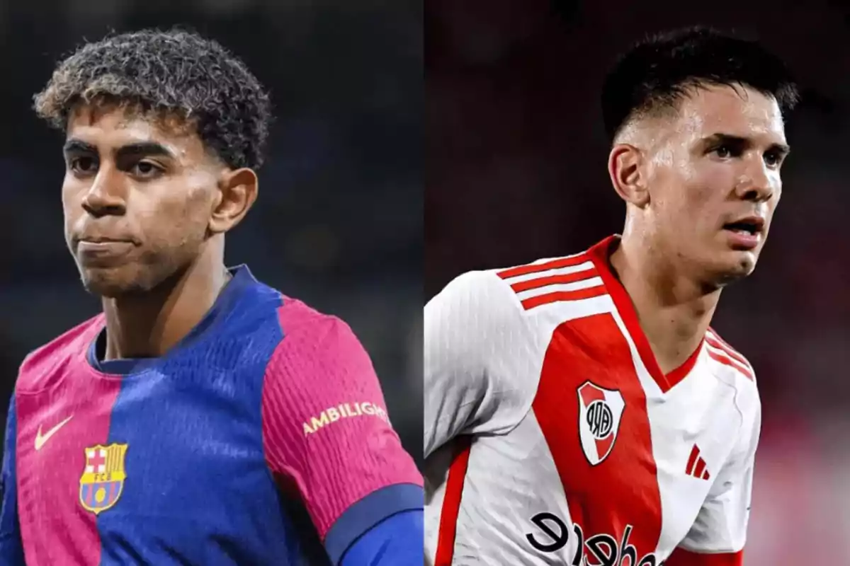 Dos futbolistas con uniforme de Barcelona y River Plate mirando hacia el frente