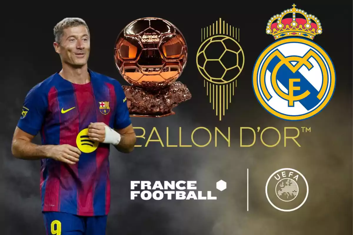 Un futbolista con el uniforme del Barcelona aparece junto al trofeo del Balón de Oro, el escudo del Real Madrid y los logotipos de France Football y la UEFA sobre un fondo oscuro