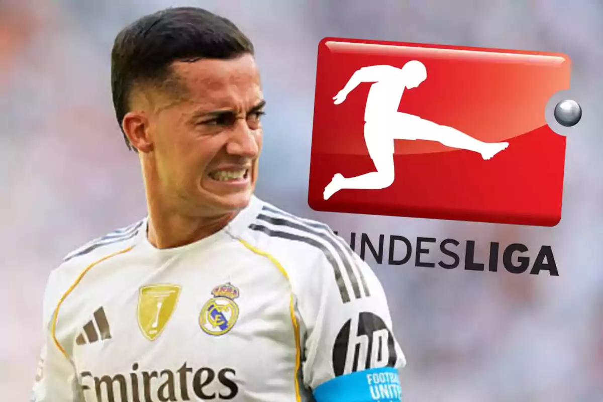 Futbolista con camiseta del Real Madrid haciendo una mueca frente al logo de la Bundesliga