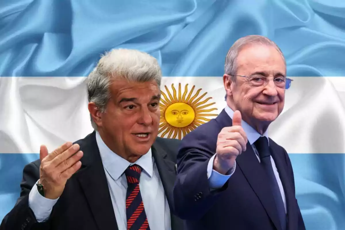Two men in suits pose in front of an Argentine flag; one of them smiles and gives a thumbs up while the other gestures with his hand.