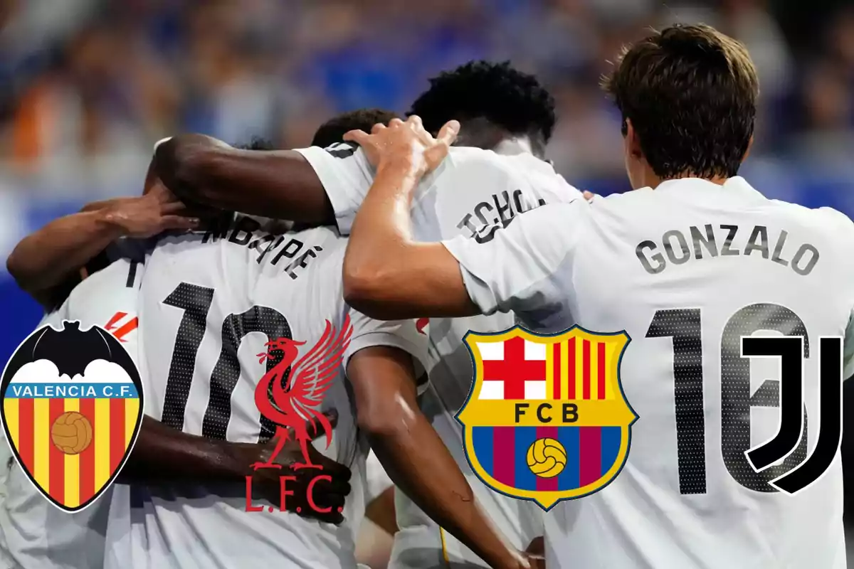 Soccer players celebrating a goal with the crests of Valencia, Liverpool, Barcelona, and Juventus superimposed.