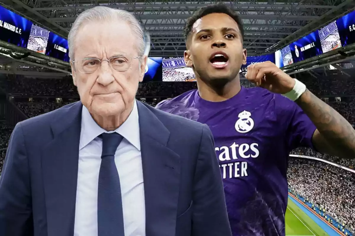 Un hombre mayor con traje y un jugador de fútbol con uniforme morado del Real Madrid en un estadio lleno de aficionados