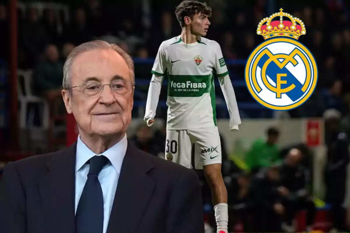 A man in a suit smiles while, in the background, a player wearing a white and green uniform and the Real Madrid crest appears.