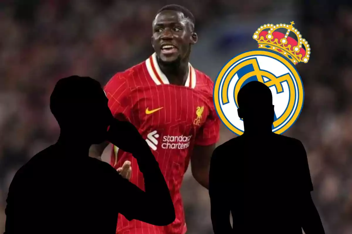 Soccer player wearing a Liverpool jersey in the center, two black silhouettes in the foreground, and the Real Madrid crest in the background