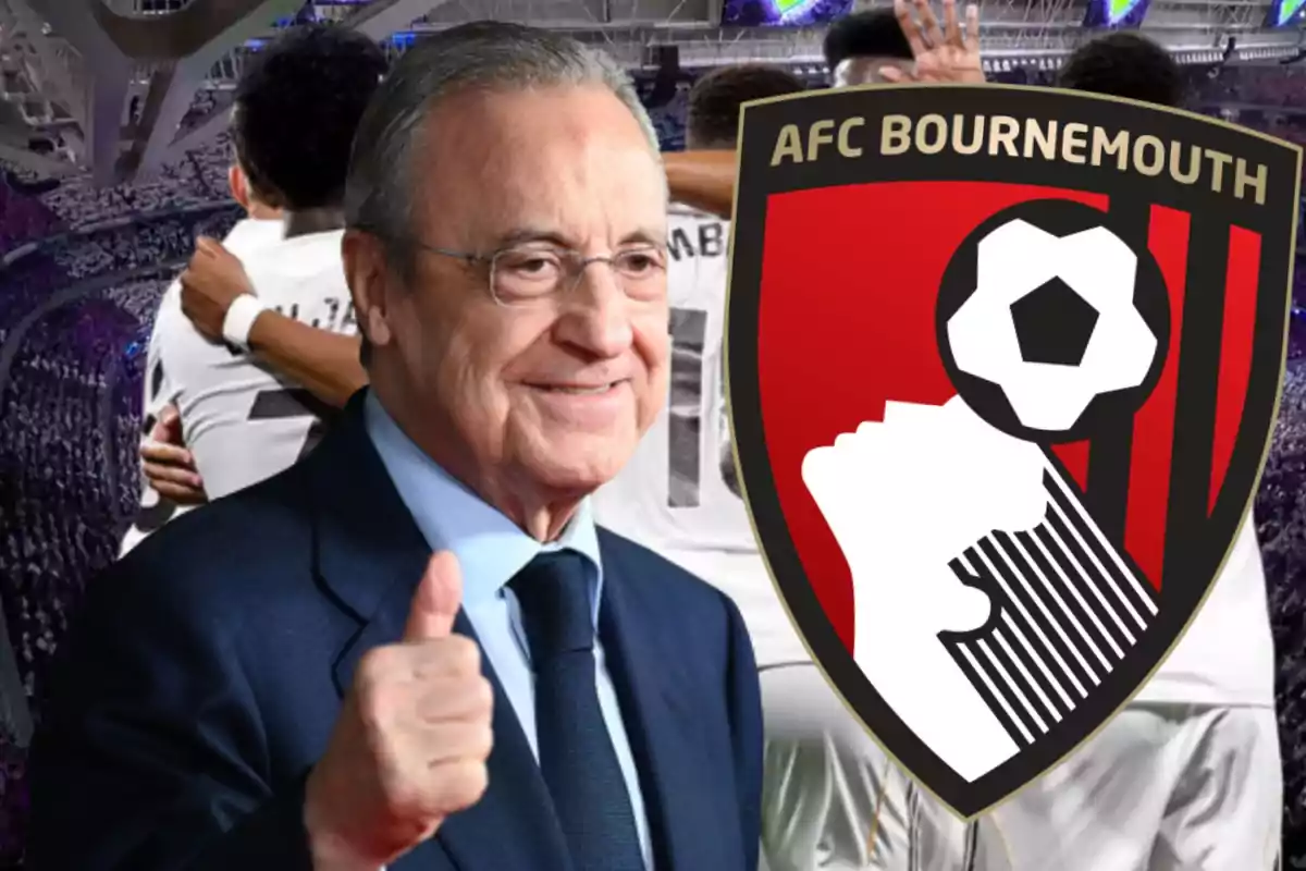A man in a suit smiles and gives a thumbs up next to the AFC Bournemouth crest, with players celebrating in the background in a packed stadium.