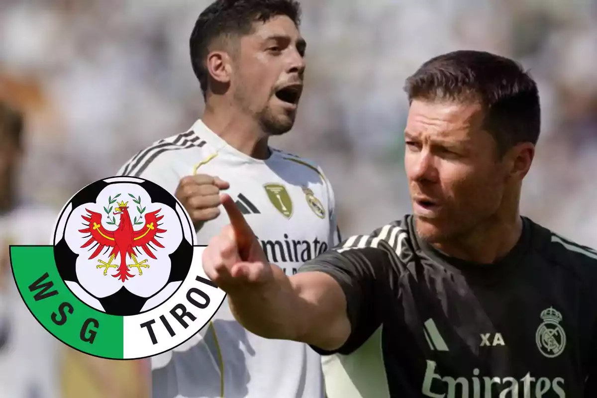 Two people wearing Real Madrid uniforms and the WSG Tirol club crest in the foreground