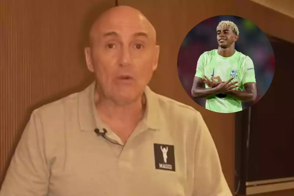 Bald man in a beige jersey speaking in front of the camera with the image of a player celebrating overlaid in the top right corner