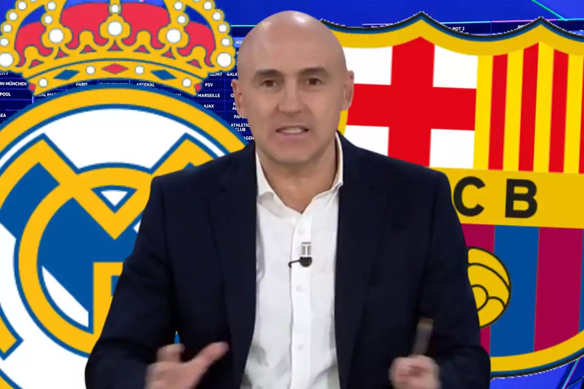 TV host speaking with the Real Madrid and Barcelona crests in the background