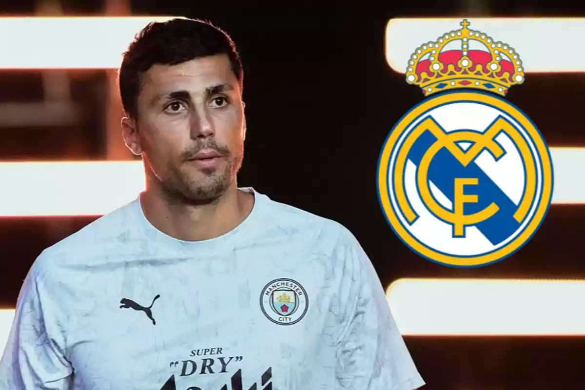 A player wearing a Manchester City jersey appears next to the Real Madrid crest on a dark background with bright lights.