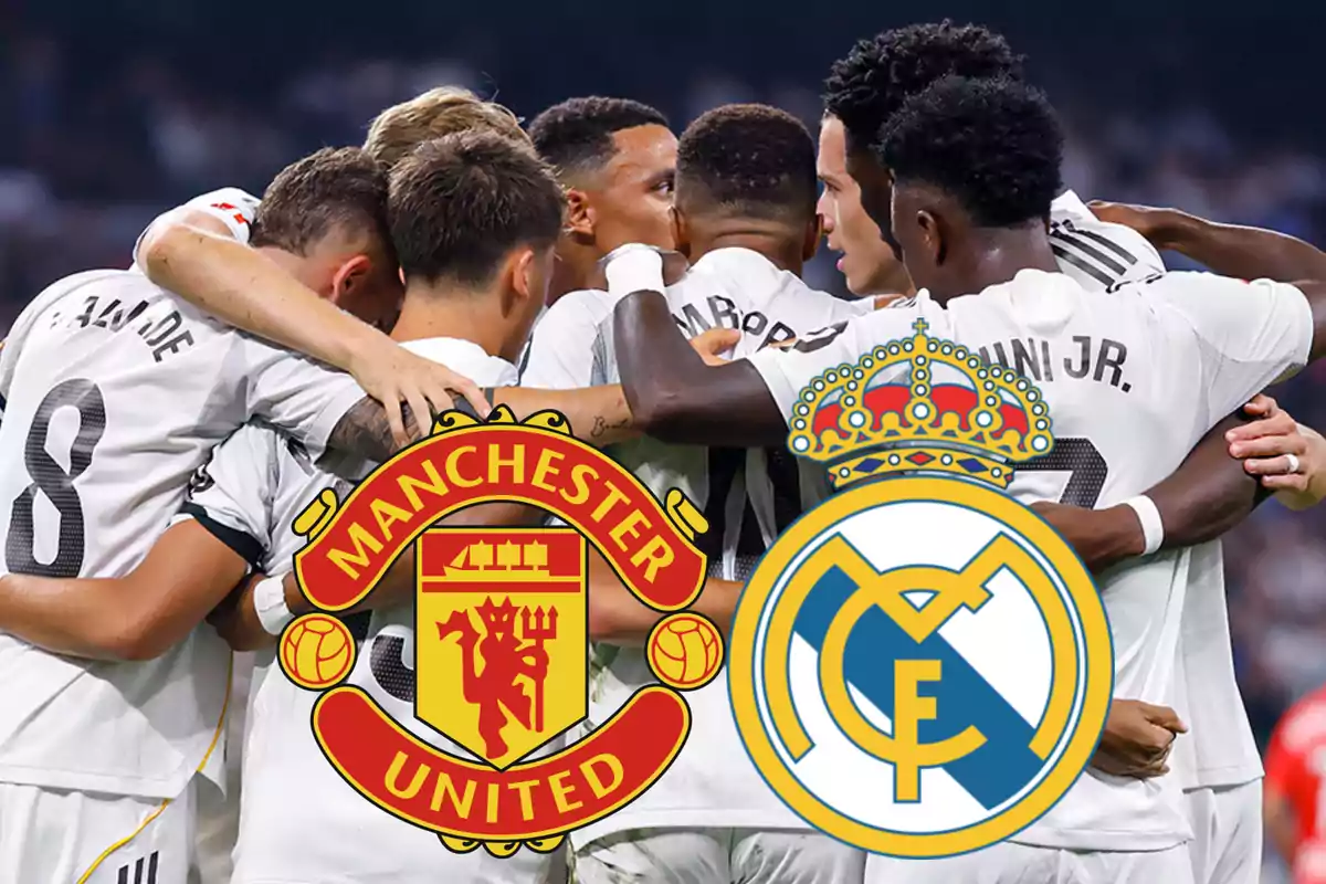 Soccer players hugging as a team with the Manchester United and Real Madrid crests in front