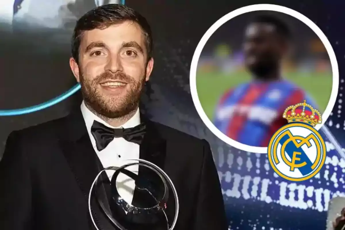 Hombre con esmoquin sosteniendo un trofeo, al fondo aparece un círculo con la imagen borrosa de un futbolista y el escudo del Real Madrid.