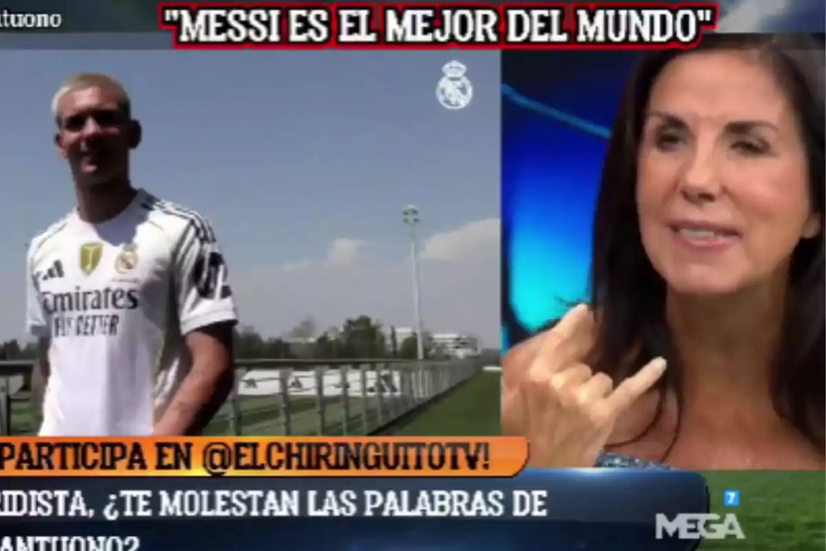 Pantalla dividida de un programa deportivo con un futbolista del Real Madrid en un campo de entrenamiento a la izquierda y una mujer hablando en un estudio de televisión a la derecha, con el texto Messi es el mejor del mundo en la parte superior