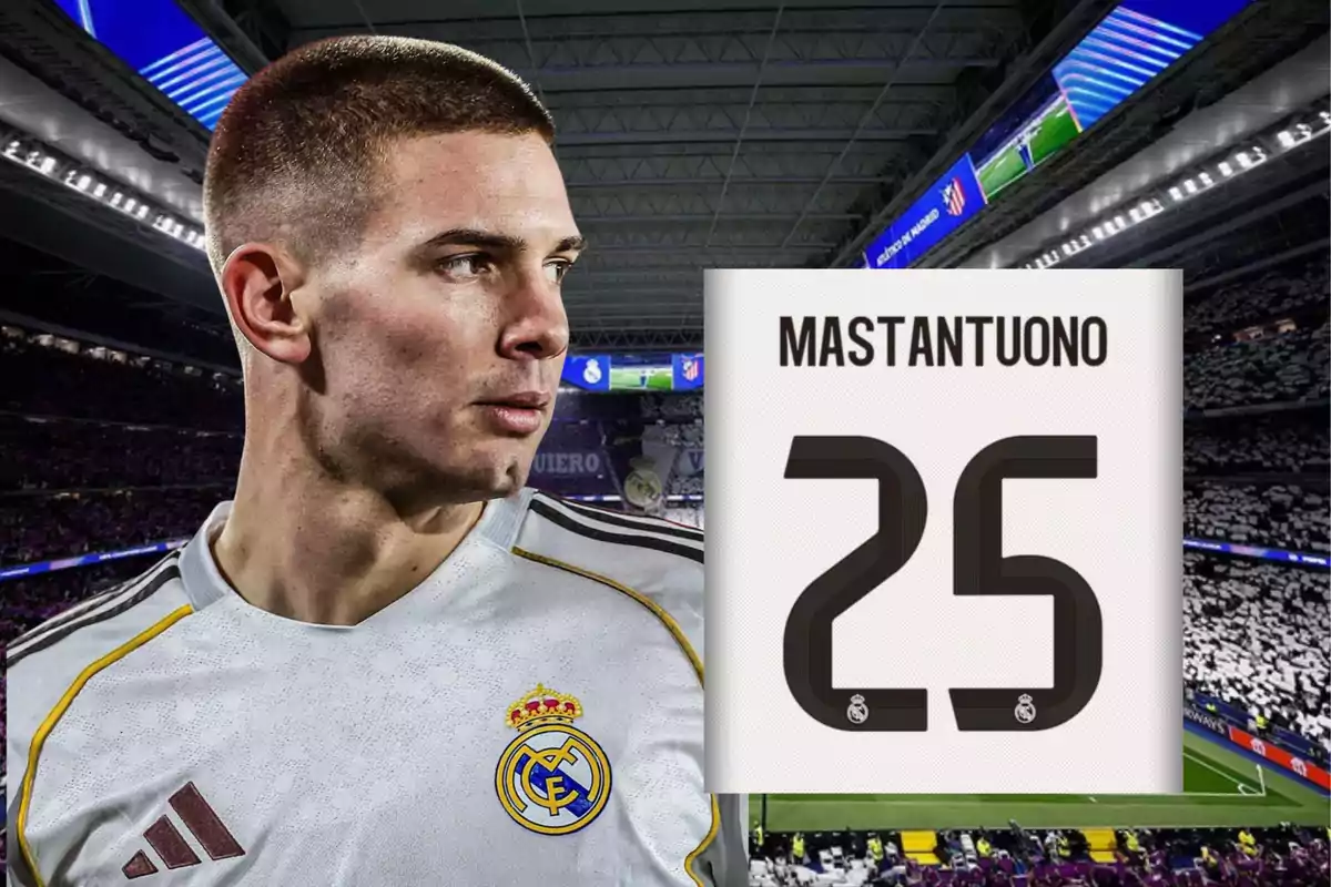Jugador con uniforme del Real Madrid en un estadio y un recuadro con el nombre Mastantuono y el número 25