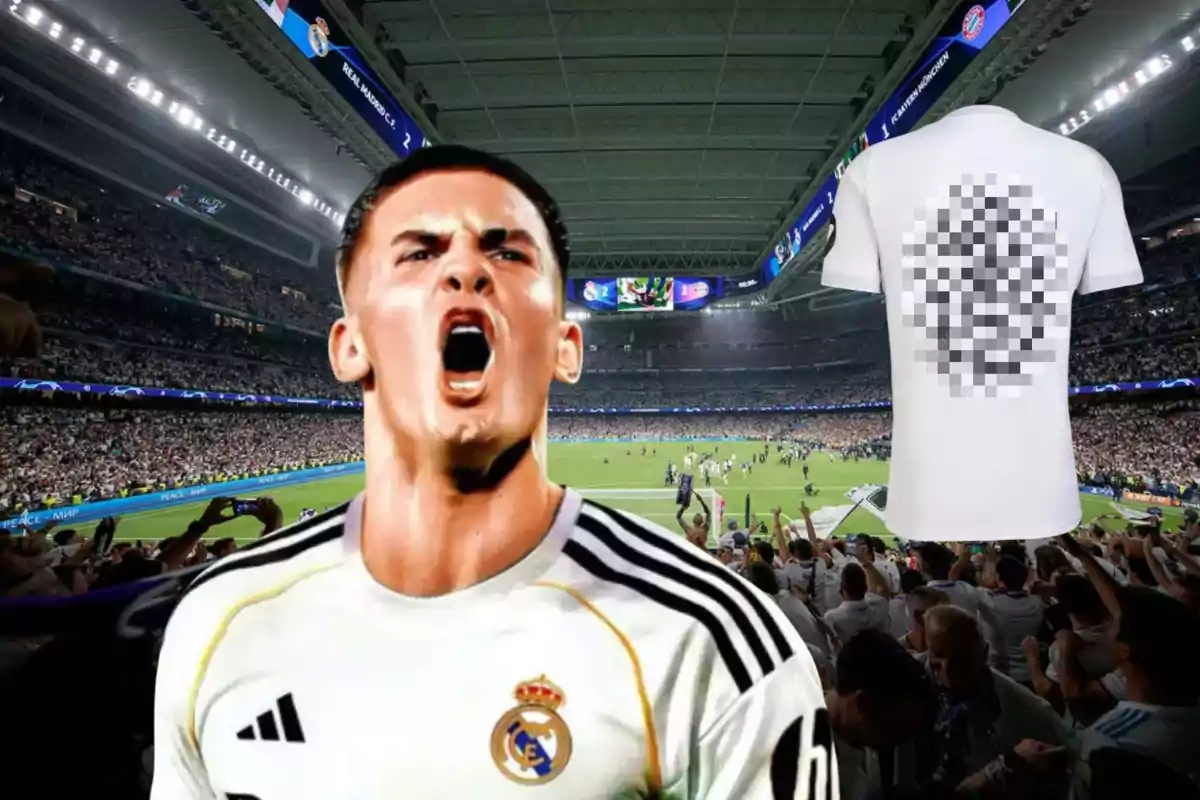Jugador del Real Madrid celebrando en un estadio lleno con una camiseta blanca y otra camiseta con un diseño pixelado al fondo