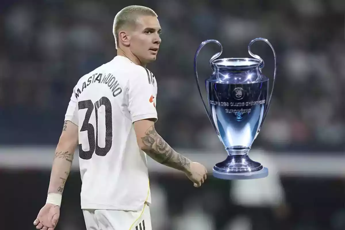 Soccer player with the number 30 and the name Mastantuono on the jersey next to a Champions League trophy