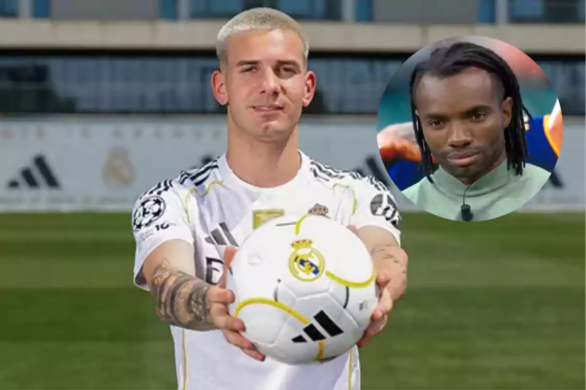 Un futbolista con uniforme del Real Madrid sostiene un balón mientras en la esquina aparece el rostro de otra persona en un círculo.