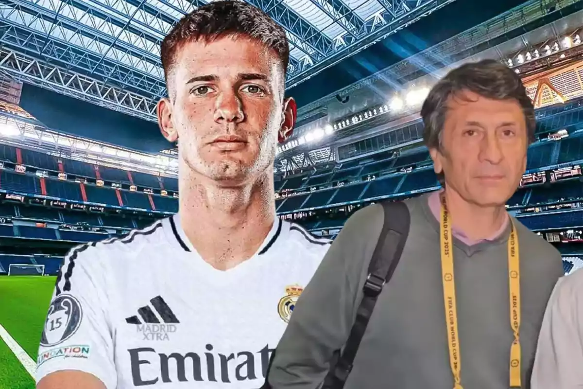 Dos hombres en un estadio de fútbol uno con camiseta del Real Madrid y otro con gafete y mochila