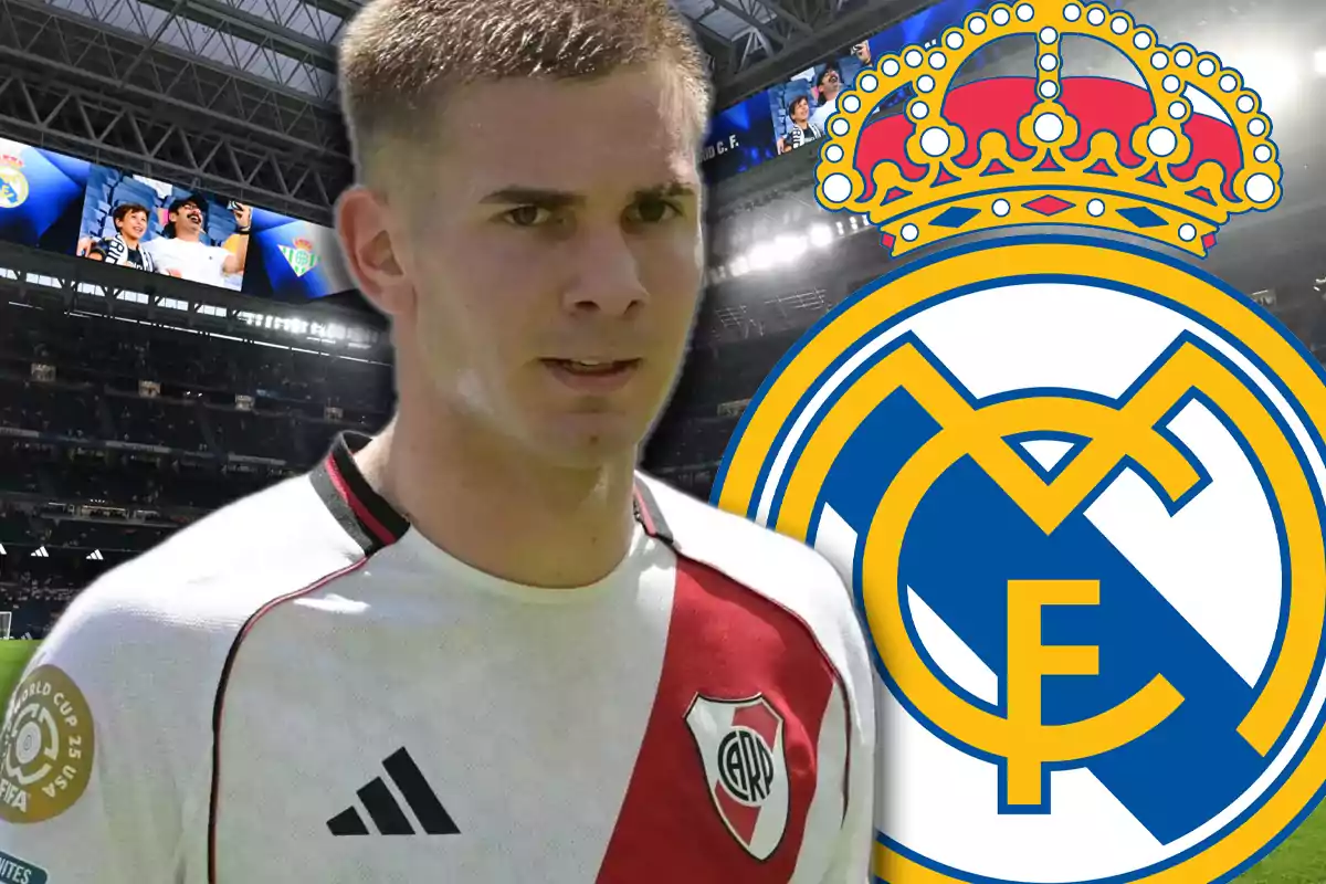 River Plate player with the Real Madrid crest in the background at a stadium