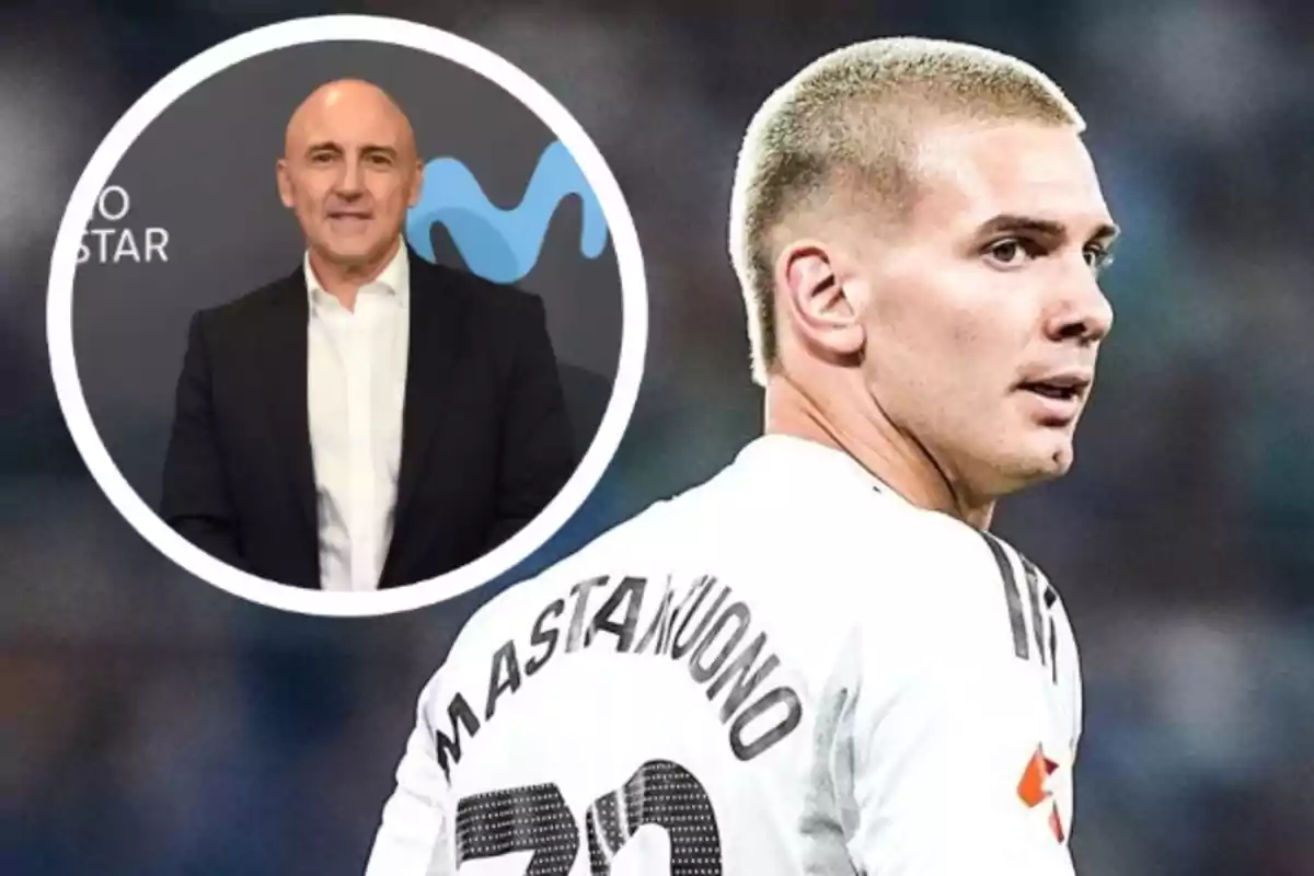 Un futbolista con el apellido Mastantuono en su camiseta blanca mira hacia un lado mientras en la esquina superior izquierda aparece el retrato de un hombre calvo con traje oscuro y camisa blanca sobre un fondo con el logo de Movistar