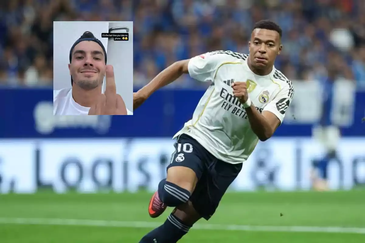 A player in a white uniform runs on the field while in the upper left corner there is a photo of a man making an offensive hand gesture.