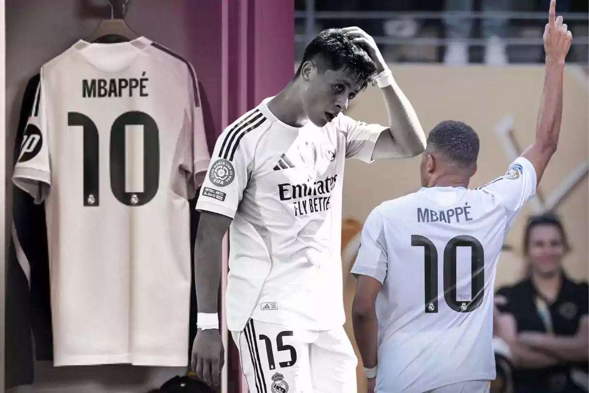Montaje con una camiseta del Real Madrid con el nombre Mbappé y el número 10, junto a dos jugadores usando el mismo uniforme en diferentes poses.