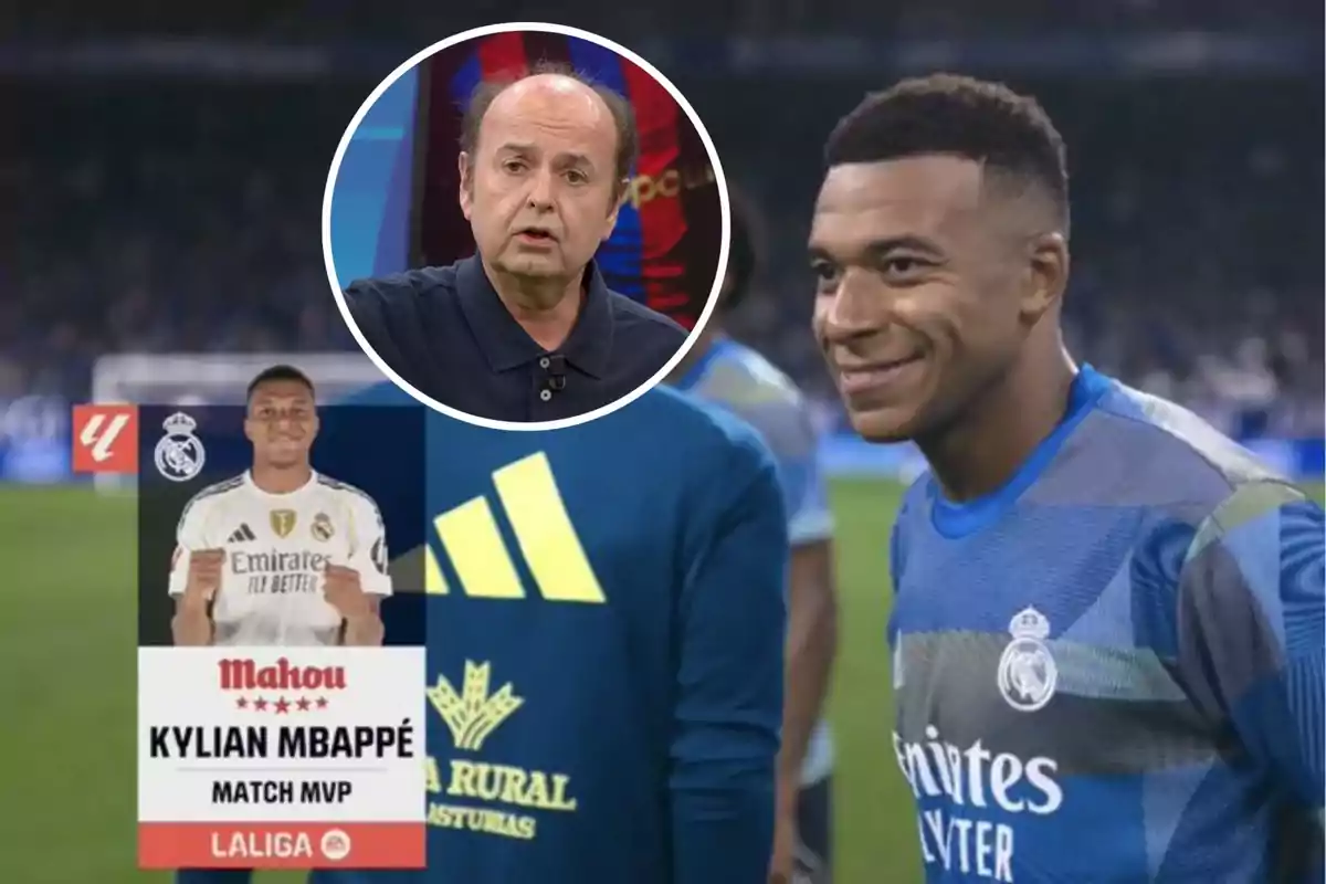 Un futbolista con la camiseta del Real Madrid sonríe en el campo, mientras en la esquina inferior izquierda aparece una tarjeta que lo nombra como jugador más valioso y en la parte superior hay un recuadro con el rostro de un hombre mayor hablando.