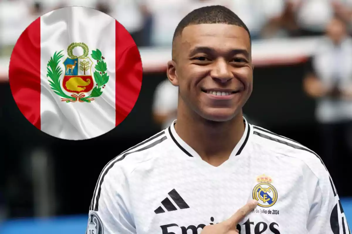 Soccer player wearing a Real Madrid jersey smiling and pointing at the club’s crest while the flag of Peru appears in the background