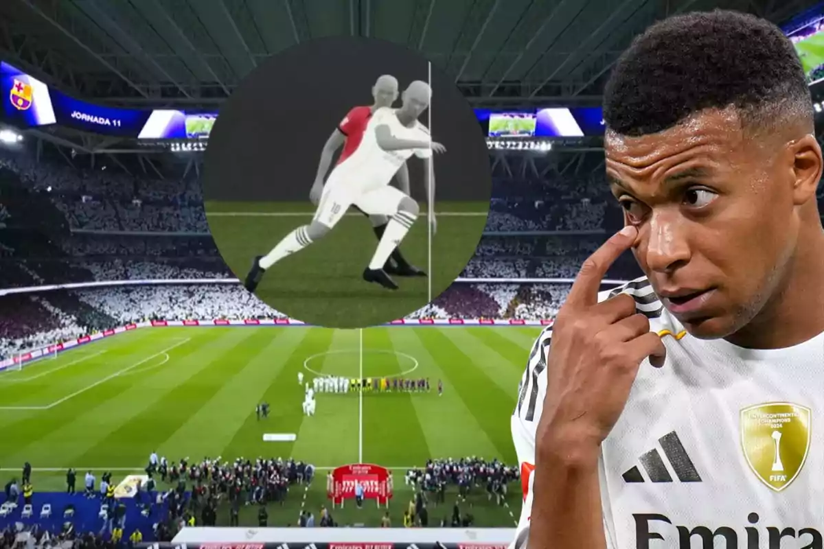 Un futbolista con uniforme blanco se toca la cara en primer plano, al fondo se observa un estadio lleno y un gráfico digital de dos jugadores en el centro de la imagen.
