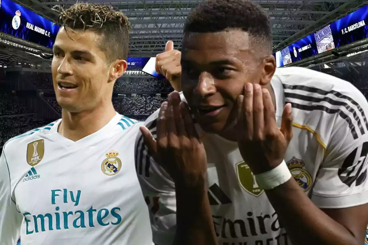 Dos futbolistas con la camiseta del Real Madrid celebrando en un estadio lleno de aficionados