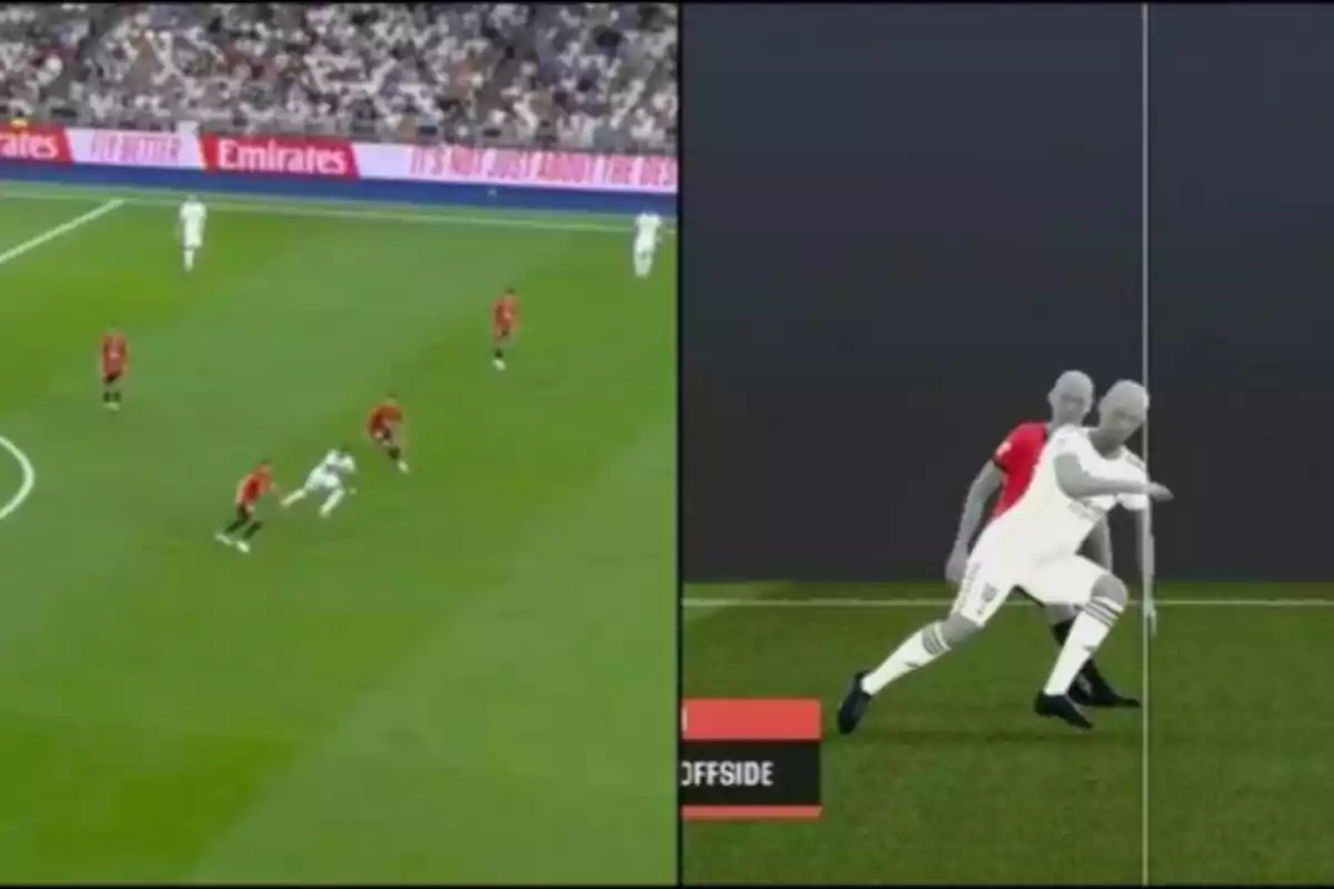Two images compare a soccer play in which a possible offside position is analyzed using VAR technology. Two images compare a soccer play in which a possible offside position is analyzed using VAR technology.