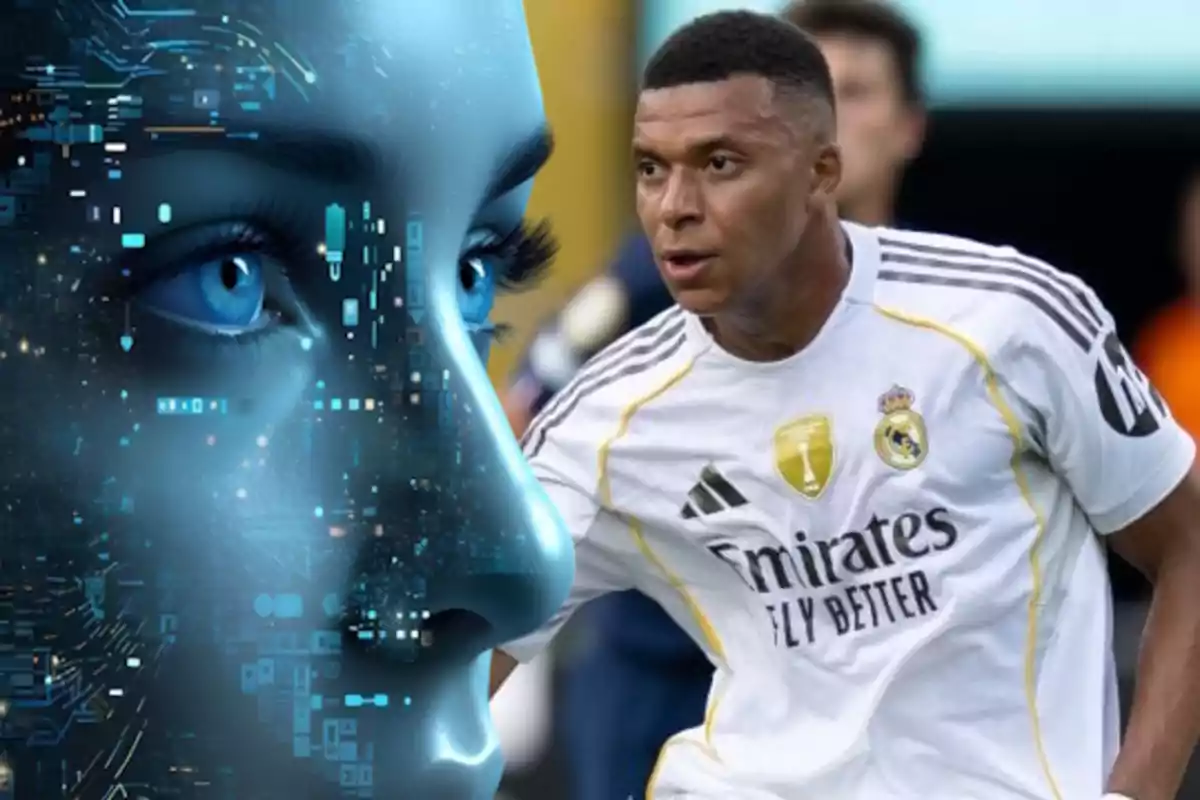 Un rostro digital azul con detalles tecnológicos junto a un futbolista con uniforme blanco del Real Madrid en acción