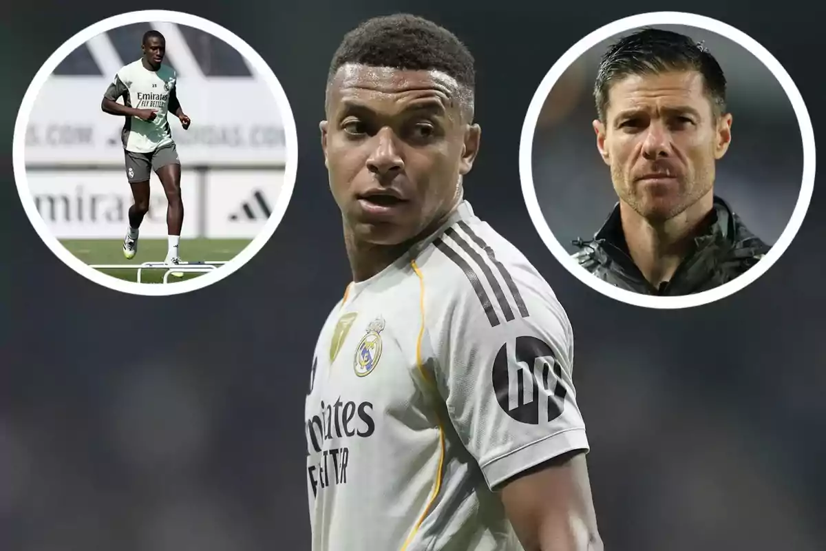 Real Madrid player in the foreground with two figures in circles in the background, one of them training and the other with a serious expression.